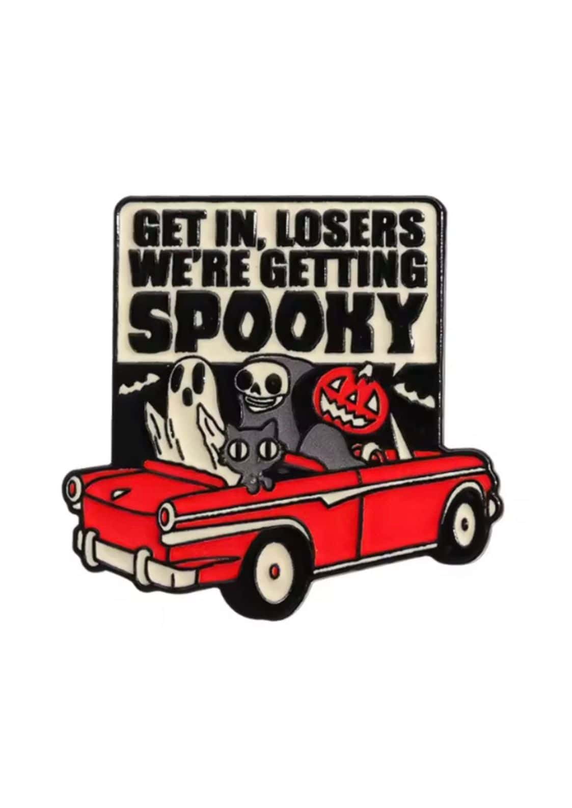 Roter vintage auto pin mit gespenst und skelett design für we’re getting spooky halloween sammlung