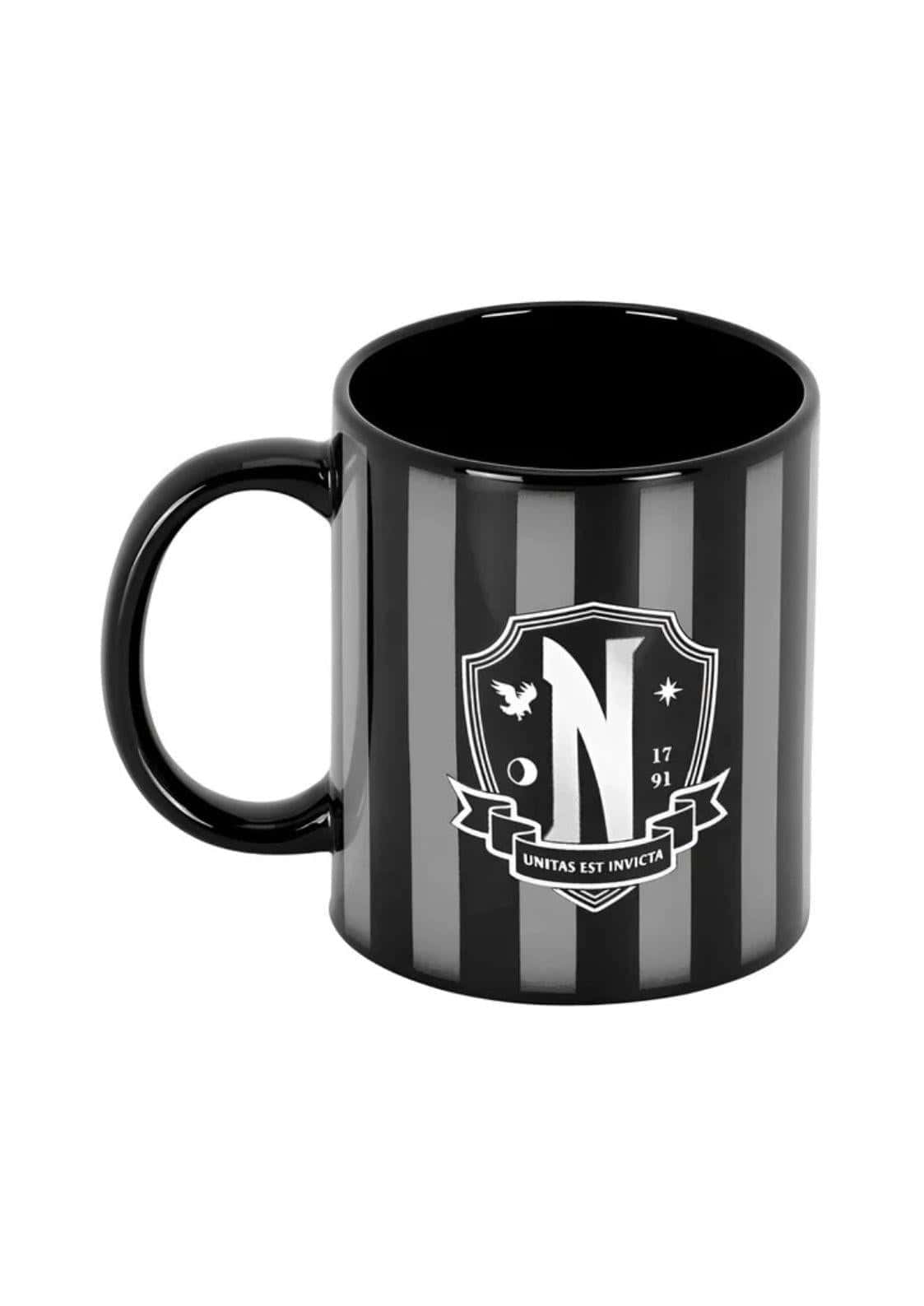 Black ceramic wednesday mug with silver stripes and white crest featuring n 1791 and latin phrase unitas est invicta for alternative home decor and dark art