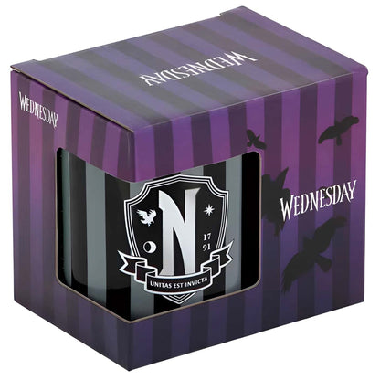 Dark black and silver striped wednesday mug with shield emblem and motto unitas est invicta for coffee