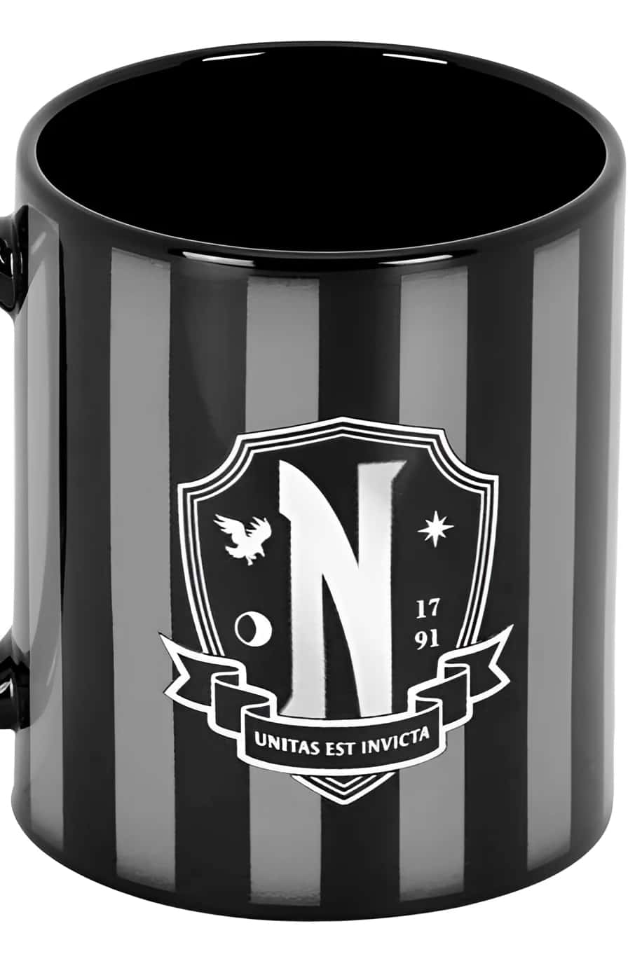 Black ceramic wednesday mug with silver stripes and white embossed crest for coffee or dark beverages