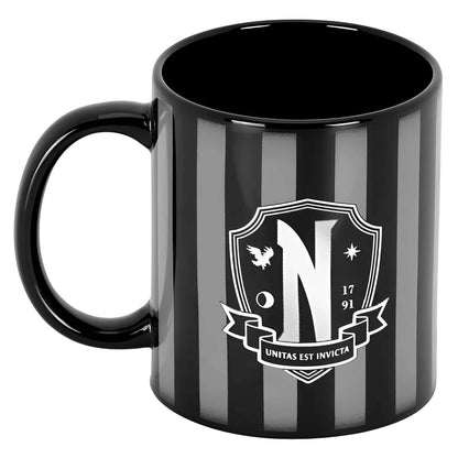 Black ceramic wednesday mug with vertical silver stripes and embossed white crest for coffee lovers