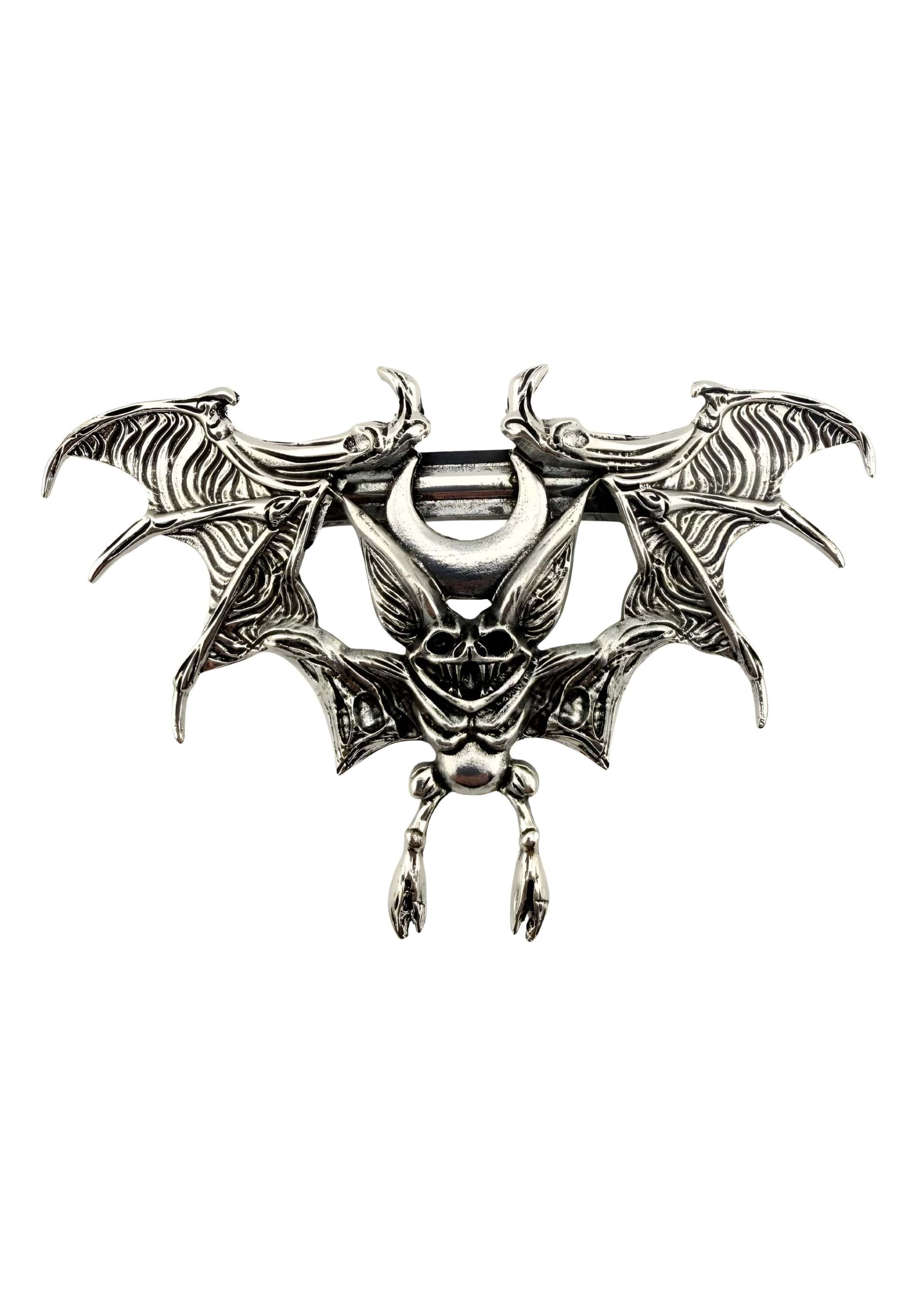Silberner gotischer Metallgürtelknopf Weird Bat mit Schädel-Pentagramm-Design