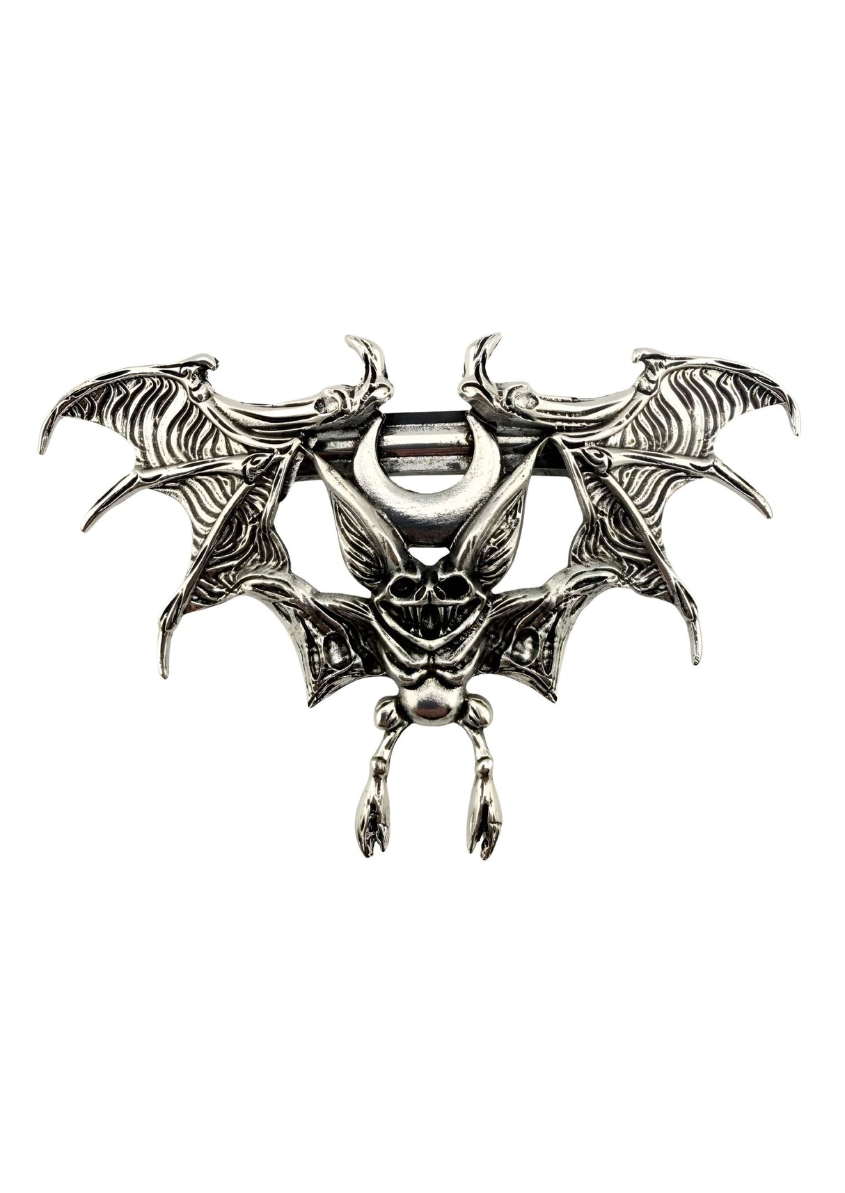 Silberner gotischer Metallgürtelknopf Weird Bat mit Schädel-Pentagramm-Design