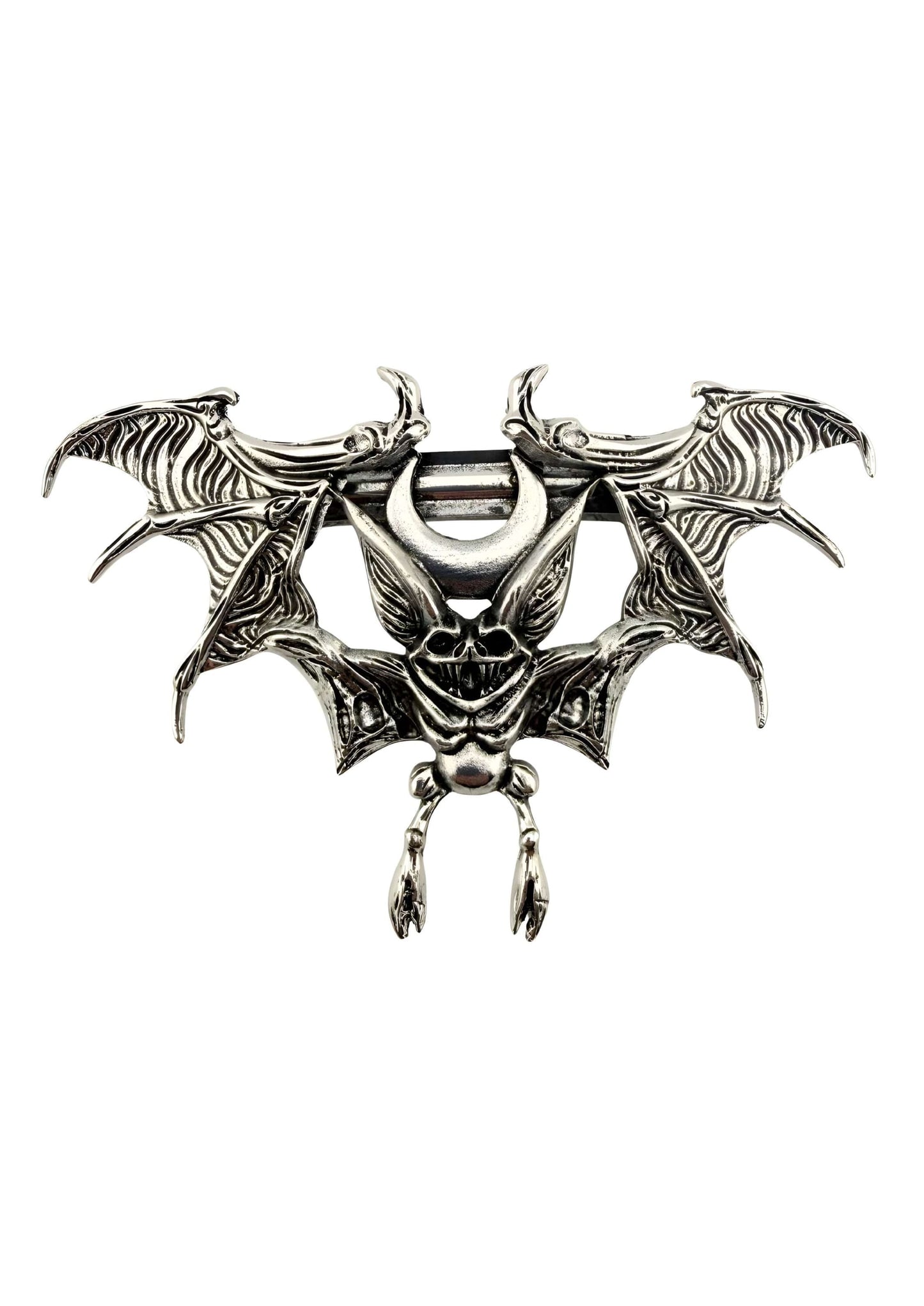 Silberner gotischer Metallgürtelknopf Weird Bat mit Schädel-Pentagramm-Design