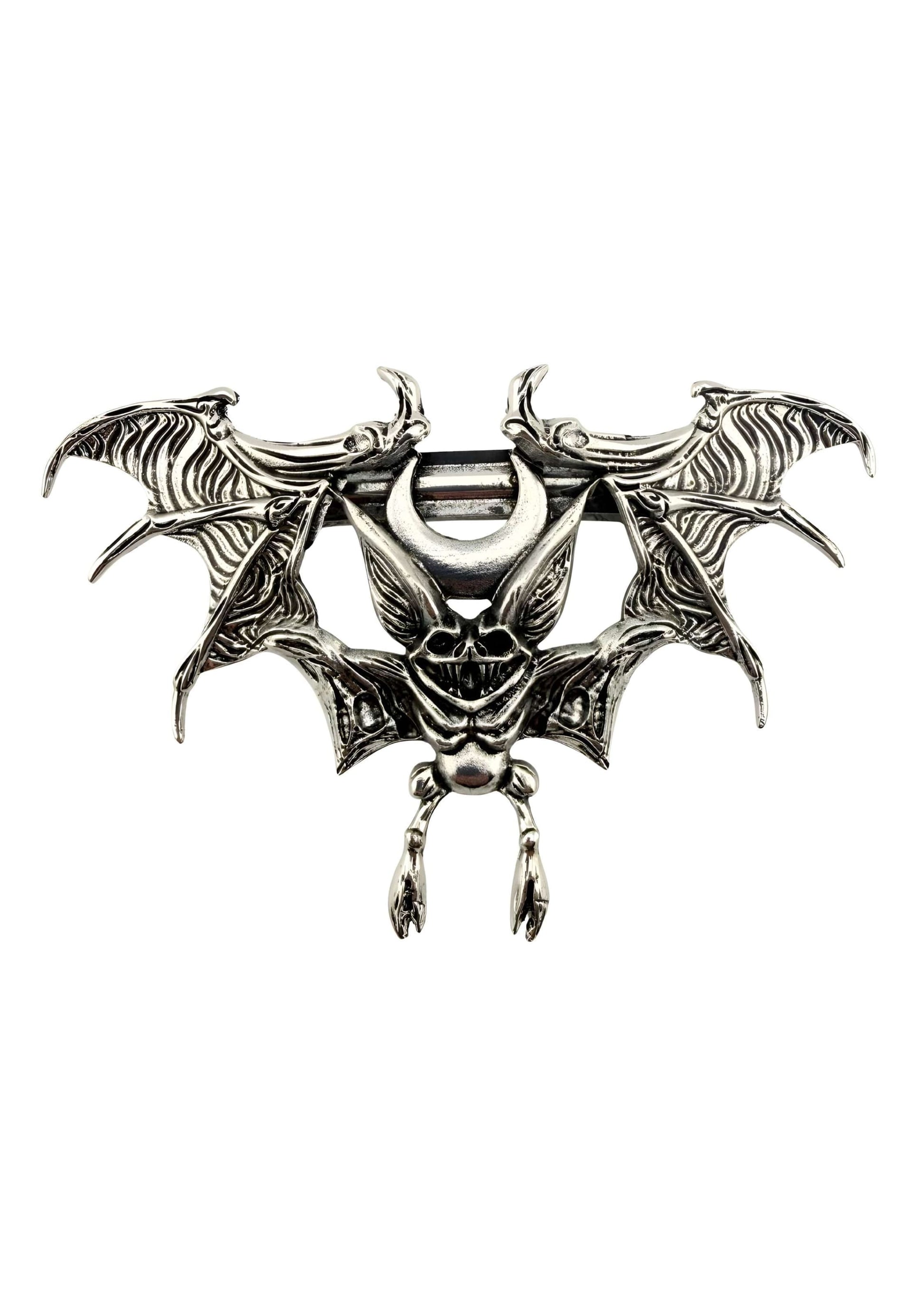 Silberner gotischer Metallgürtelknopf Weird Bat mit Schädel-Pentagramm-Design