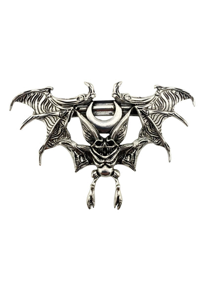 Silberner gotischer Metallgürtelknopf Weird Bat mit Schädel-Pentagramm-Design