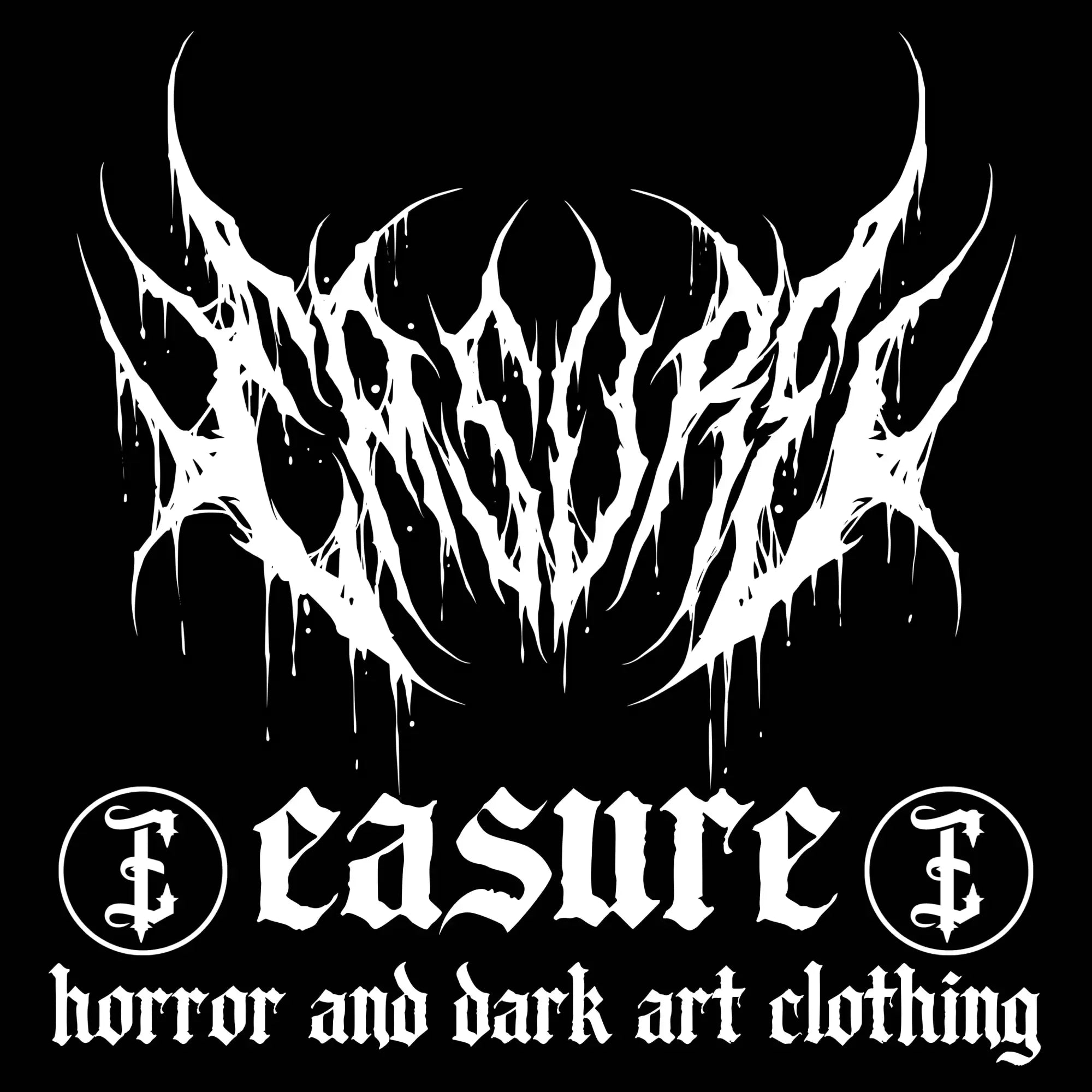 Weiß tropfende gotische Schrift-Logo auf schwarzem Hintergrund für ’easure Horror- und Dark-Art-Kleidung.’