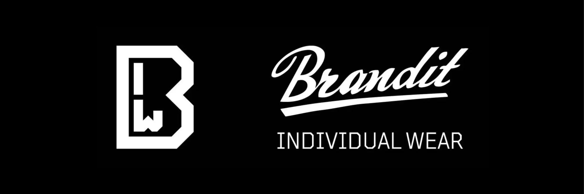 Weißes ’brandit individual wear’-Logo mit stilisierten Buchstaben und einem geometrischen ’b’-Symbol auf schwarzem Hintergrund.
