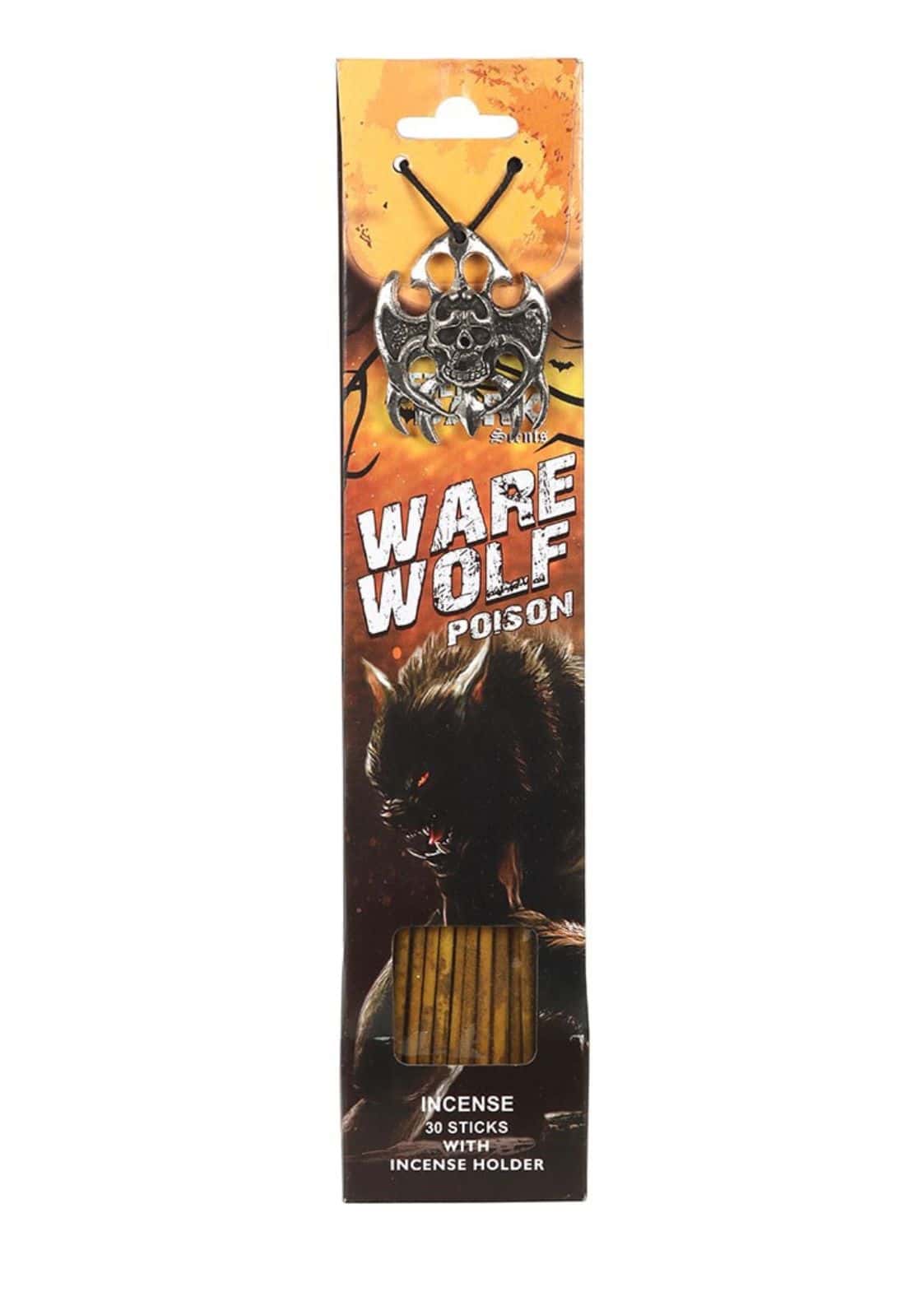 Silver skull and wolf-themed werewolf poison incense sticks with holder in orange and black packaging for räucherstäbchen