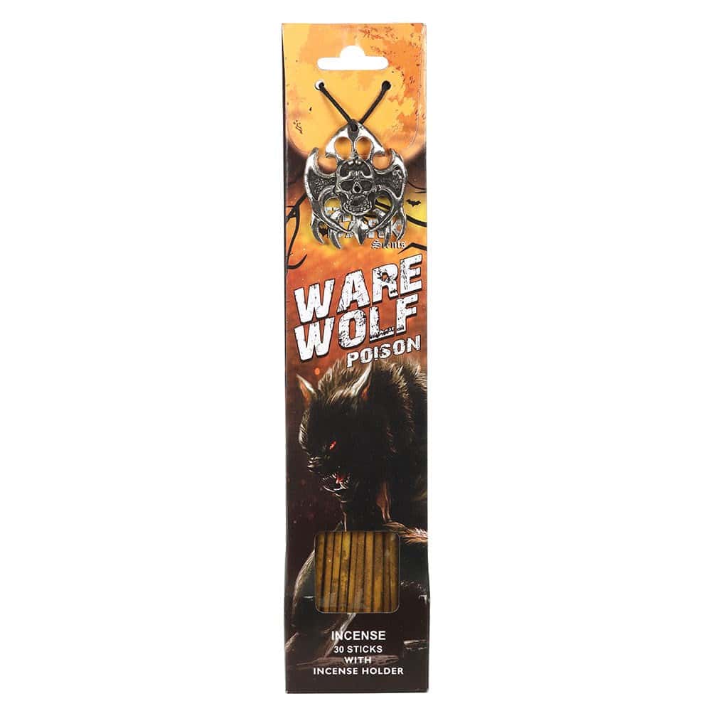 Silberner metallischer werewolf poison räucherstäbchenhalter mit schädel und krallenmotiv in orange schwarz kartonverpackung