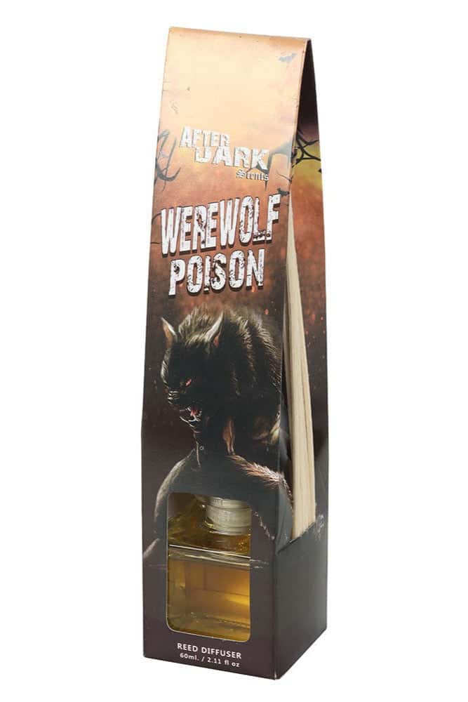 Schwarzer werewolf poison reed diffuser in rechteckiger box mit sichtfenster und bernsteinfarbener flüssigkeit