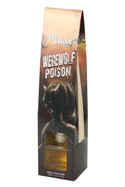 Schwarzer werewolf poison reed diffuser in rechteckiger box mit sichtfenster und bernsteinfarbener flüssigkeit
