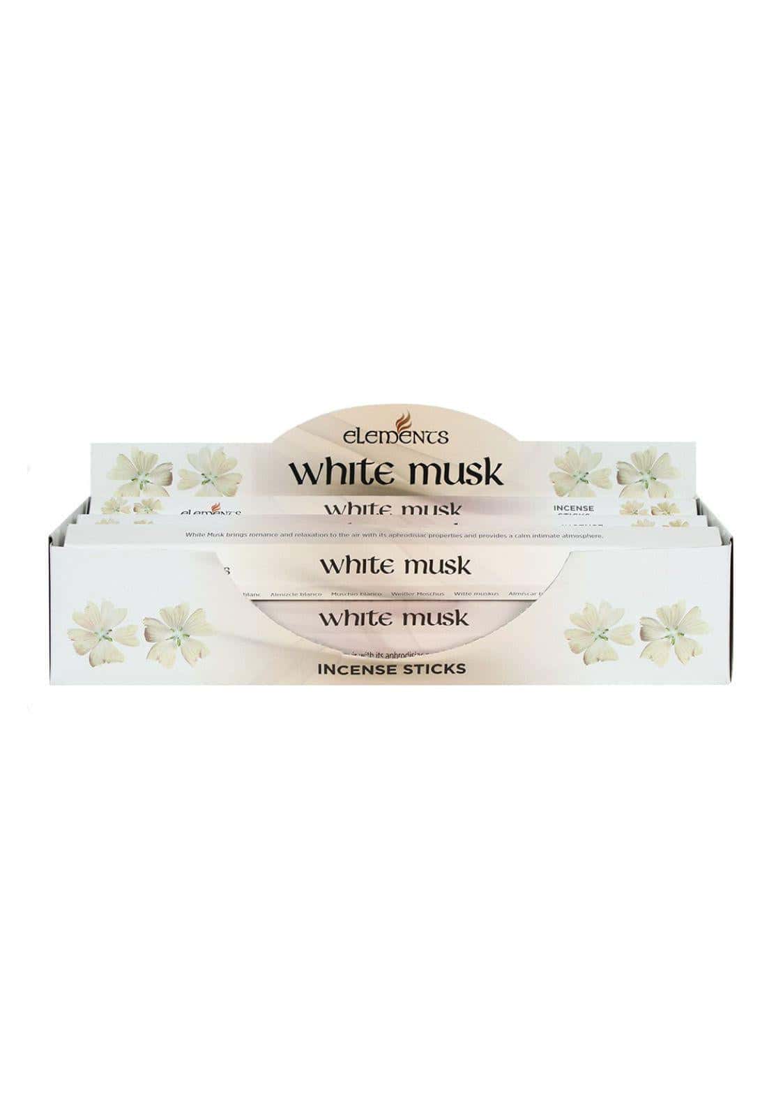 Weißer moschus räucherstäbchen in einer minimalistischen box mit floralem design perfekt für entspannung
