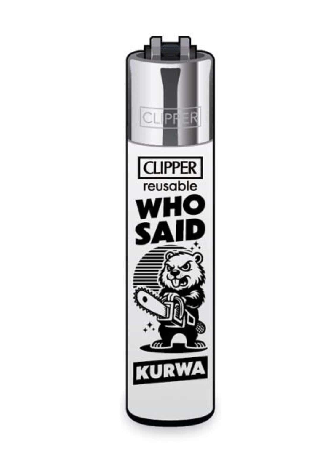 Silberweißes nachfüllbares clipper-feuerzeug mit soft-touch-oberfläche und schwarzem beaver grafikdesign