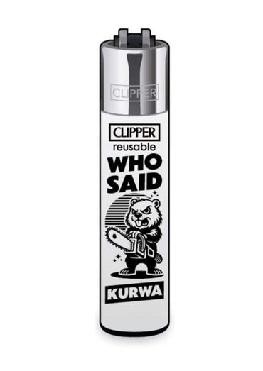 Silberweißes nachfüllbares clipper-feuerzeug mit soft-touch-oberfläche und schwarzem beaver grafikdesign