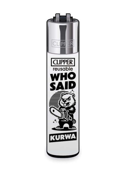Silberweißes nachfüllbares clipper-feuerzeug mit soft-touch-oberfläche und schwarzem beaver grafikdesign