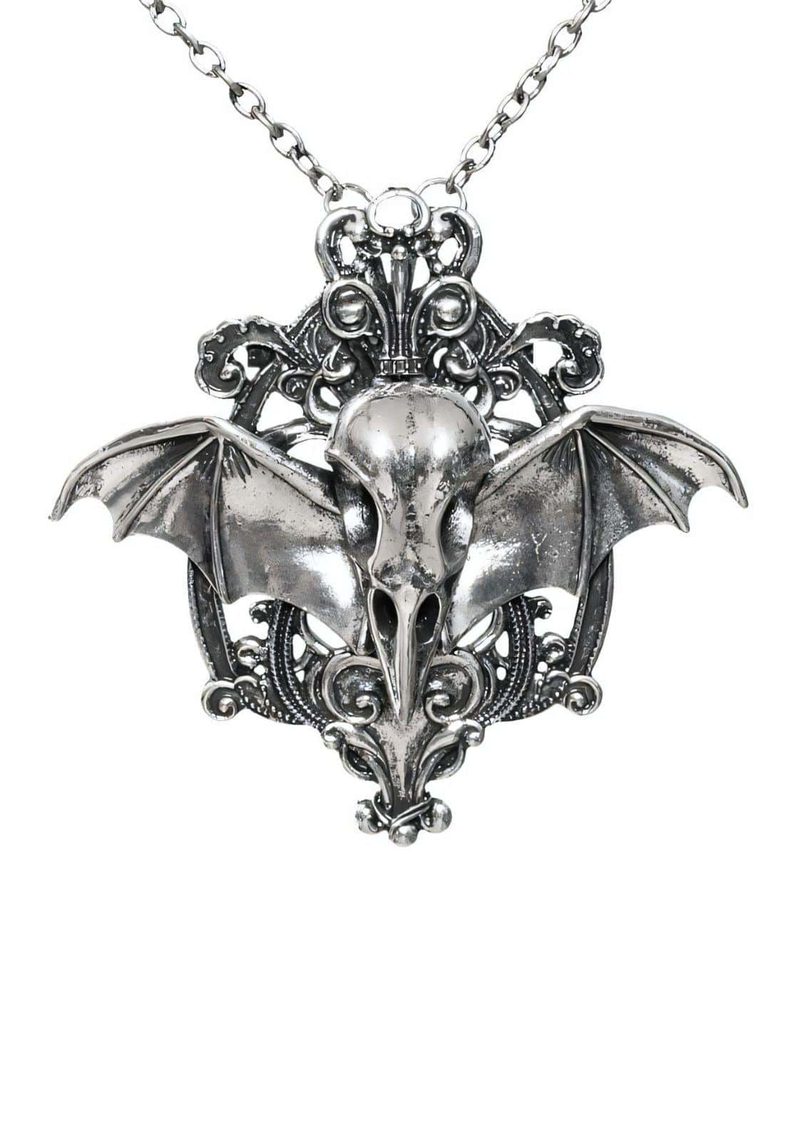 Silberne wing crow skull halskette mit filigranen details und kettenanhänger aus gothischem rabenschädel