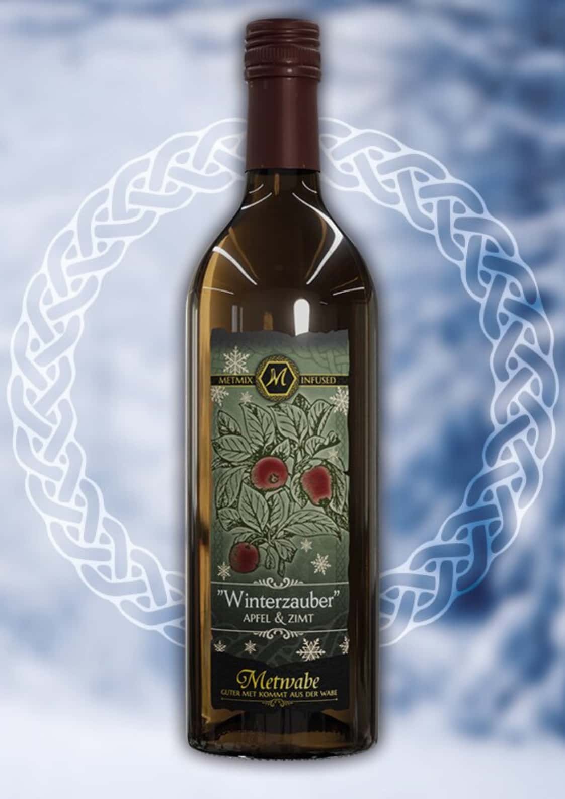 Dunkelgrüne glasflasche met winterzauber apfel zimt wein mit süße und gothic etikett mit roten äpfeln und schneeflocken