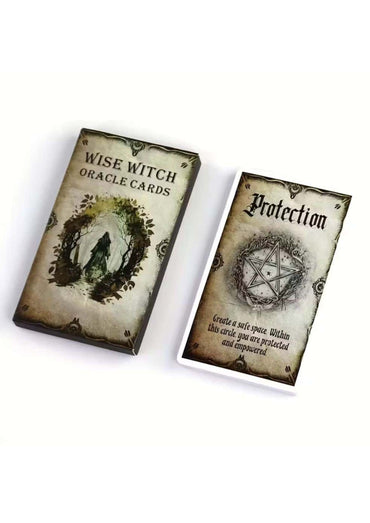 Wise witch tarotkarten in vintagebox mit illustrativer hexe und schutzkarte pentagramm design für lizenzierte bekleidung ltd