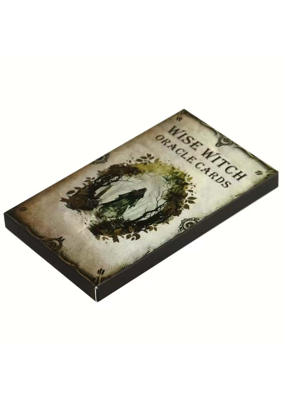 Das wise witch tarotkarten deck zeigt eine vintage-illustration der wise hexe auf strukturiertem karton mit braunen kanten