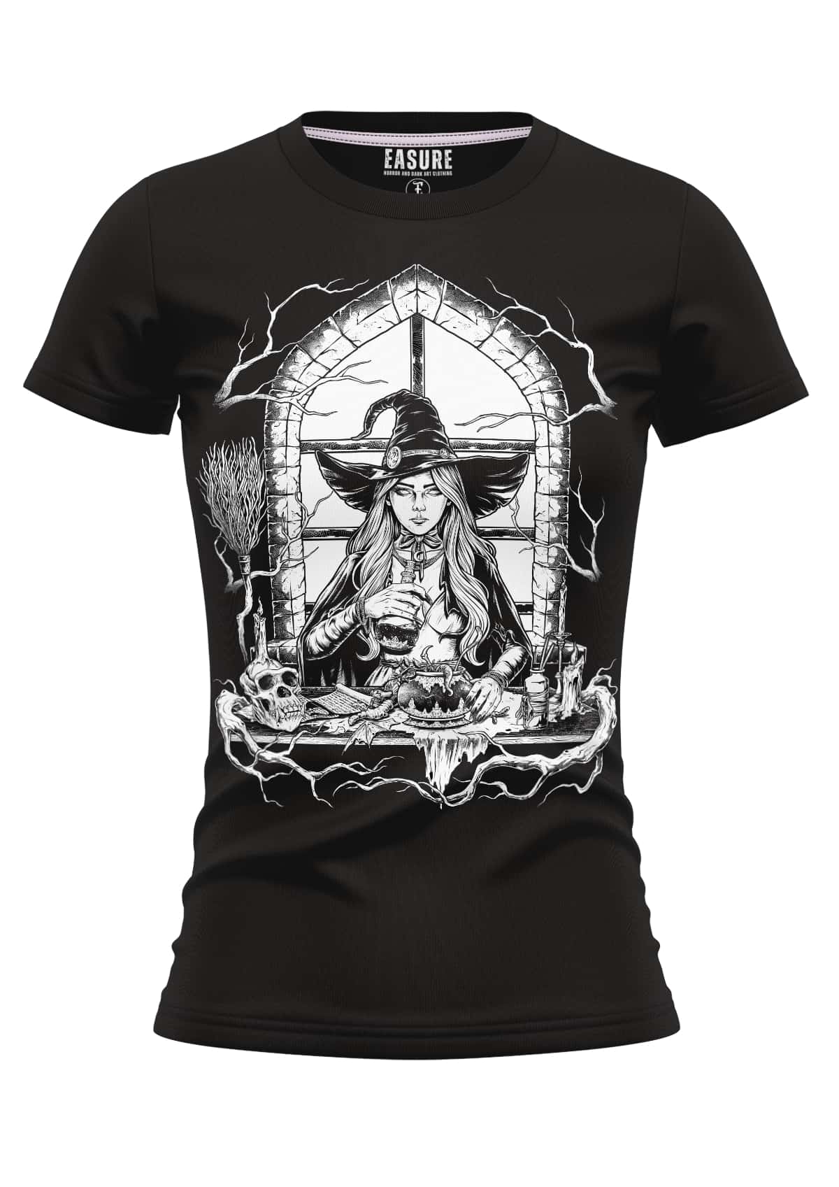 Black womens t-shirt with gothic white line-art witch in arched window featuring lightning and skulls horror design