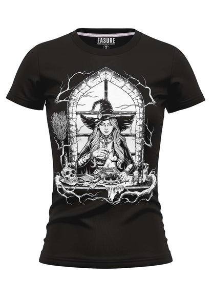 Black womens t-shirt with gothic white line-art witch in arched window featuring lightning and skulls horror design