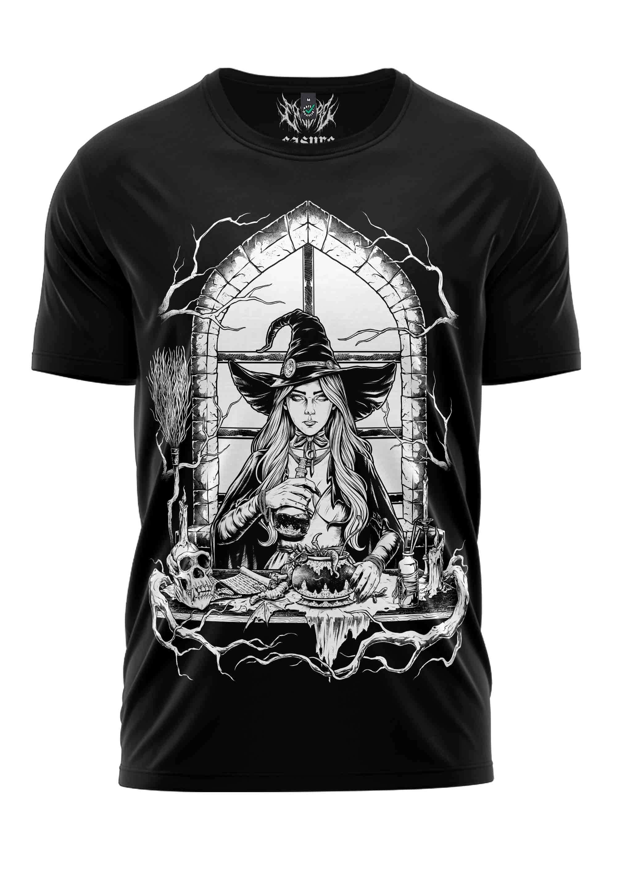 Schwarzes Gothic-Shirt WITCH mit Hexen-Motiv, Metall-Ästhetik