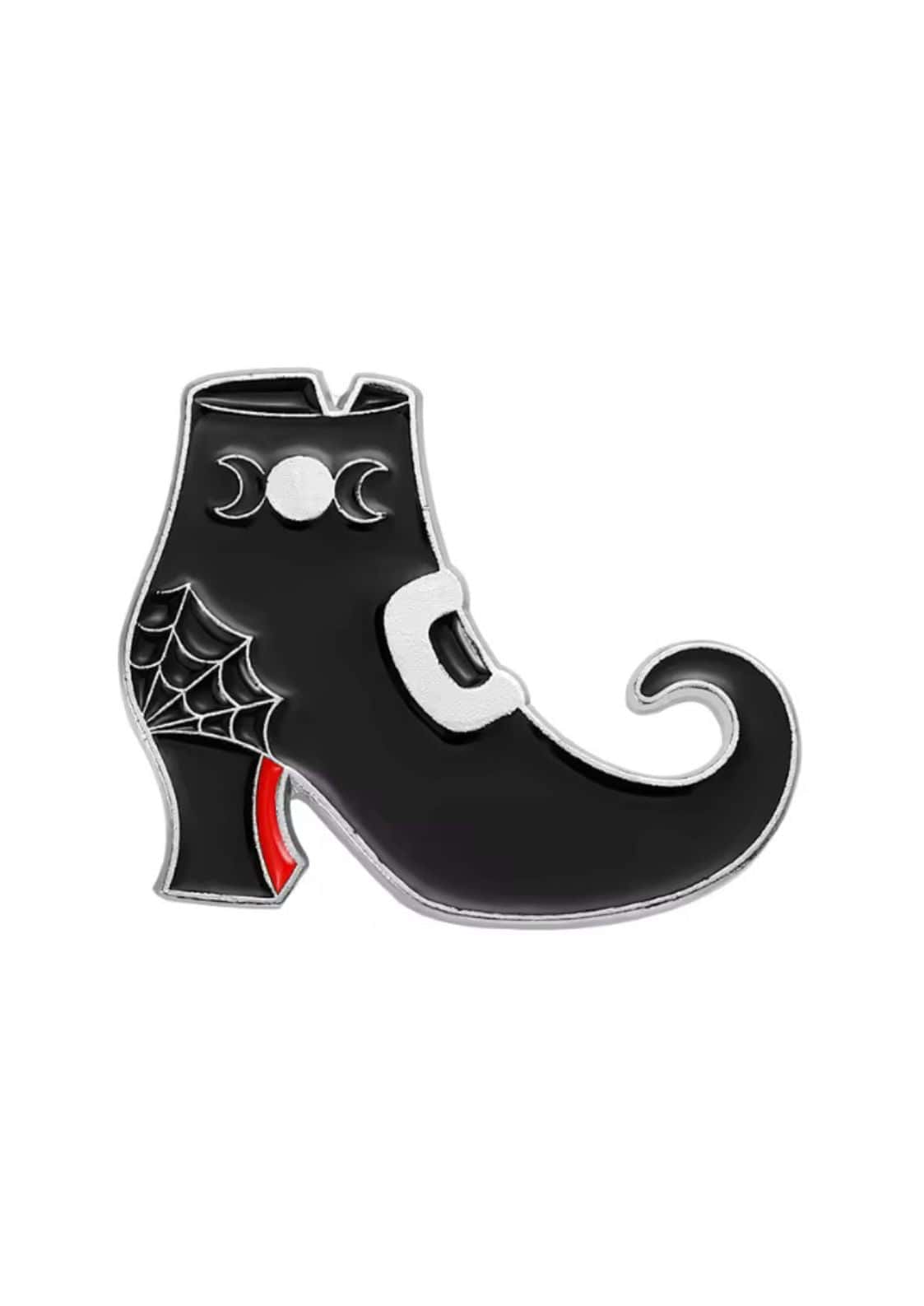 Schwarzer und roter High-Heel-Stiefel-Pin mit Spinnenwebmuster, Halbmondakzenten, silbernem Metallfinish.