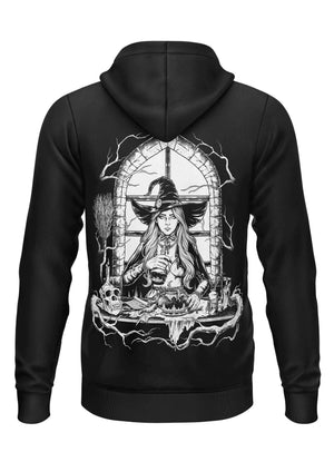 Schwarzer zip-hoodie mit eigens gestaltetes motiv einer hexe im bogenfenster mit magischen elementen gaia lizensierte kleidung