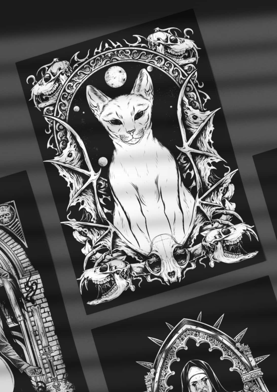 Stilisierte Katze mit Fledermausflügeln auf ALU Verbundplatten Bild, inklusive Aufhängung