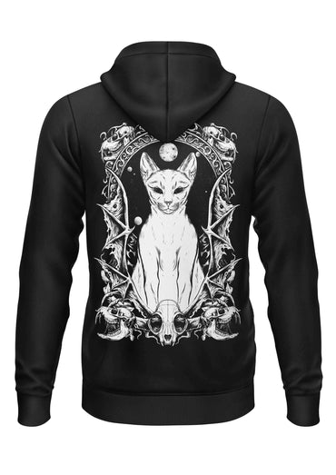 Schwarzer hoodie mit weißem gothic grafikdruck einer katze umgeben von schädeln, fledermäusen und ornamenten auf der rückseite