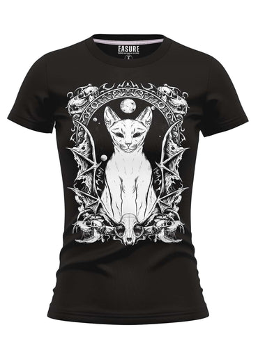 Black womens t-shirt witchers cat mit weißem detailreichem katzenmotiv und schädeln aus strapazierfähigem stoff und weicher qualität