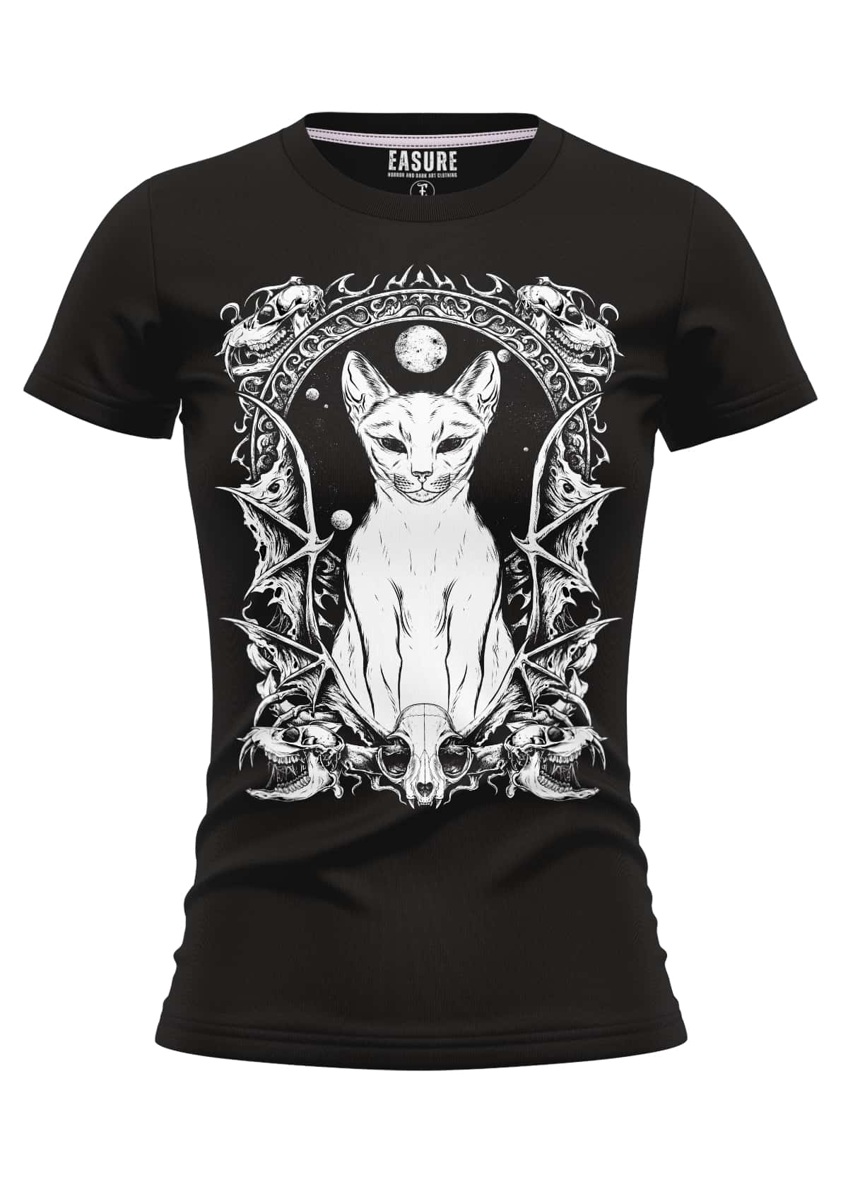 Witchers Cat Girlieshirt: Schwarzes T-Shirt mit weißer Katze, Schädeln und strapazierfähigem Stoff