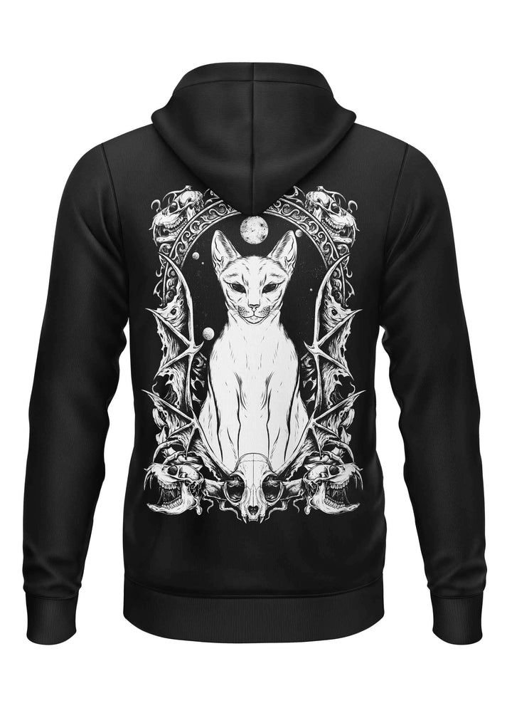 Schwarzer schwerer unisex reißverschluss hoodie mit weißem katzen- und schädeldesign aus recyceltem polyester und strapazierfähigem stoff