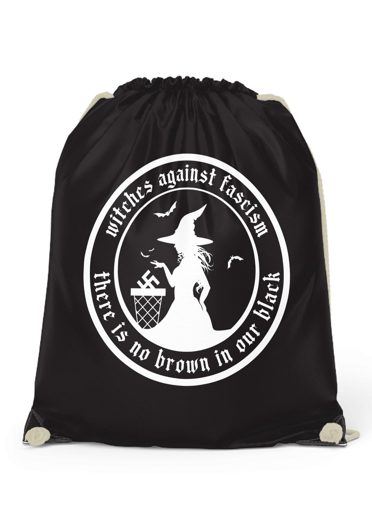 Schwarze Gym Bag mit Hexen-Silhouette und Anti-Faschismus-Motiv
