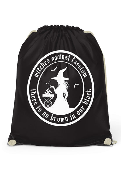 Schwarze Gym Bag mit Hexen-Silhouette und Anti-Faschismus-Motiv