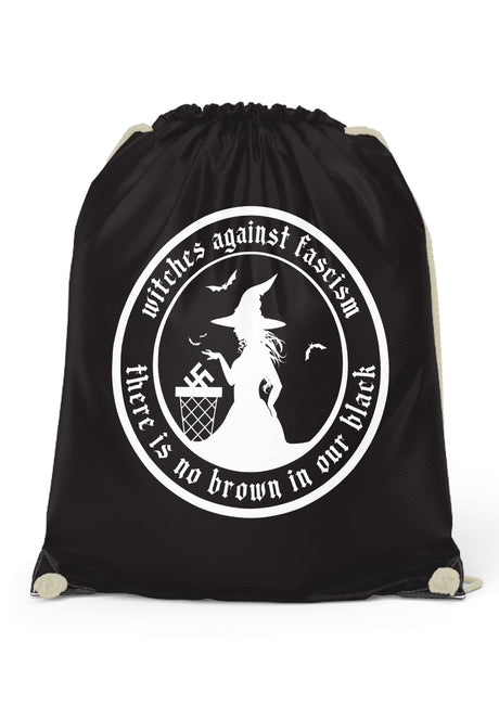 Schwarze Gym Bag mit Hexen-Silhouette und Anti-Faschismus-Motiv