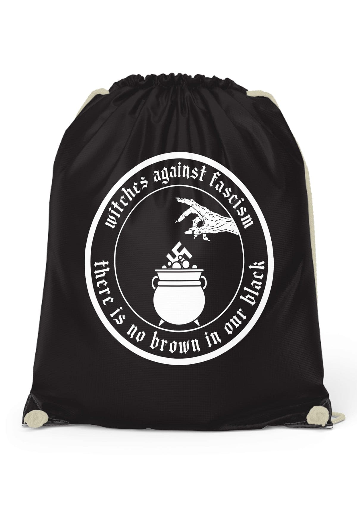 Schwarze Gym Bag WITCHES AGAINST V2 mit externe Kordelhalterungen und Hexen-Design
