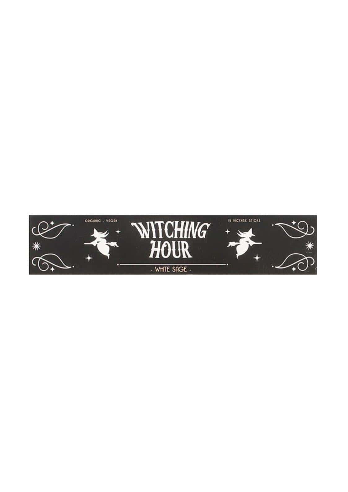Schwarze rechteckige box mit witching hour weißen salbei räucherstäbchen und weißen hexen silhouetten für gothic rituals