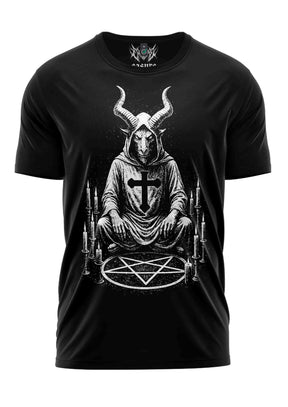 Schwarzes T-Shirt mit weißem Ziegenkopf-Design und Pentagramm.