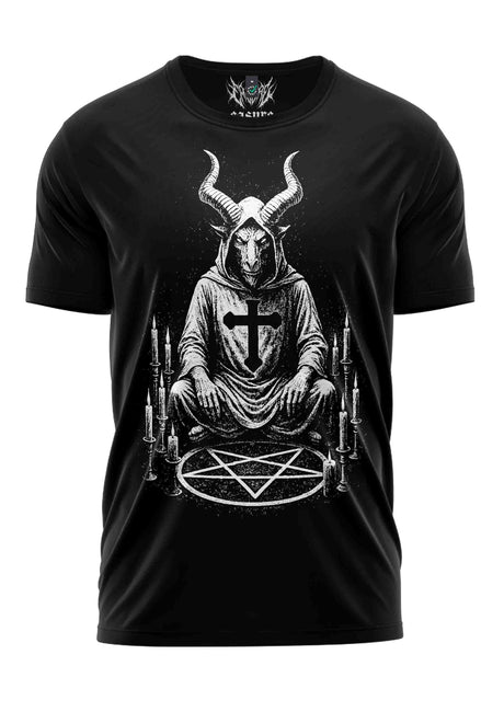 Schwarzes T-Shirt mit weißem Ziegenkopf-Design und Pentagramm.