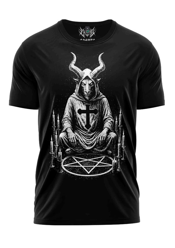 Schwarzes düstere worship shirt aus hochwertiger bio-baumwolle mit weißem ziegenkopf und pentagramm design