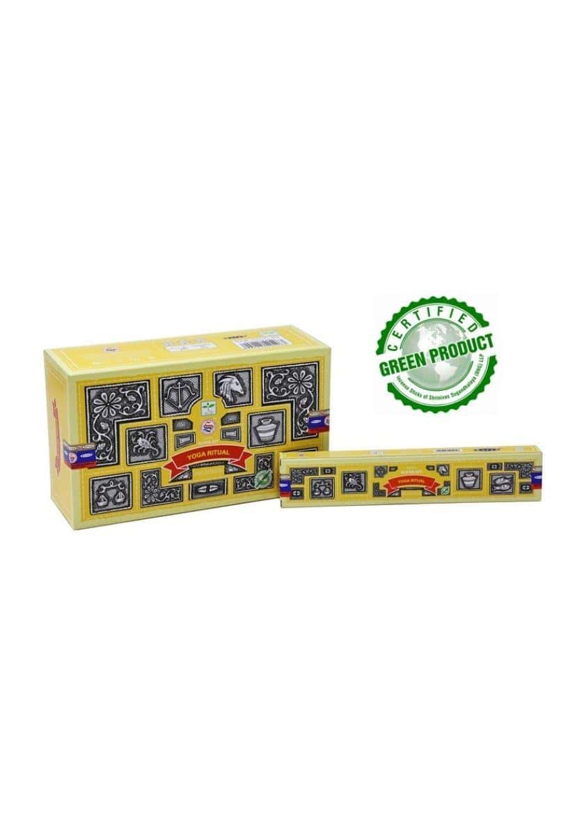Gelbe rechteckige räucherstäbchenbox mit schwarzen und roten mustern veda ritual banner yoga ritual satya gothic stil