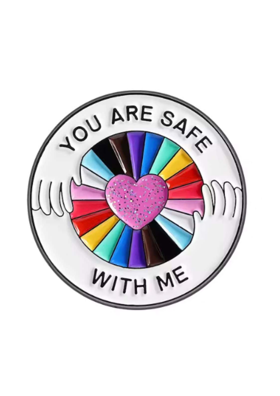 Regenbogenherz-Anstecker mit glitzernden Details und bunten Speichen.