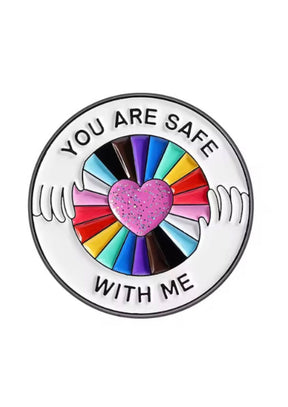 Regenbogenherz-Anstecker mit glitzernden Details und bunten Speichen.