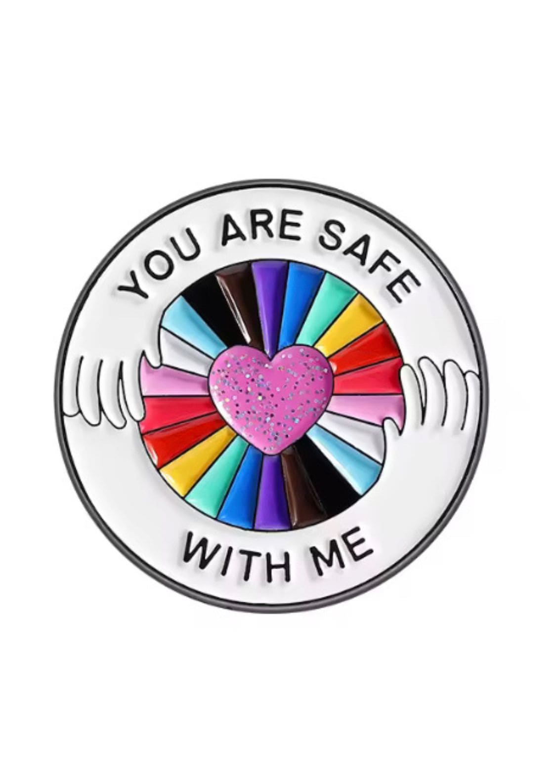 Regenbogenherz-Anstecker mit glitzernden Details und bunten Speichen.