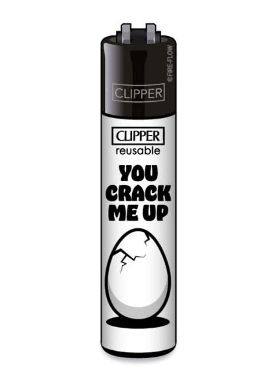 You crack me up clipper feuerzeug nachfüllbar schwarzweiß mit cracked egg grafik für gothic und dark fashion fans