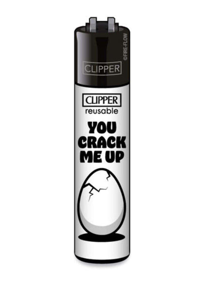 You crack me up clipper feuerzeug nachfüllbar schwarzweiß mit cracked egg grafik für gothic und dark fashion fans