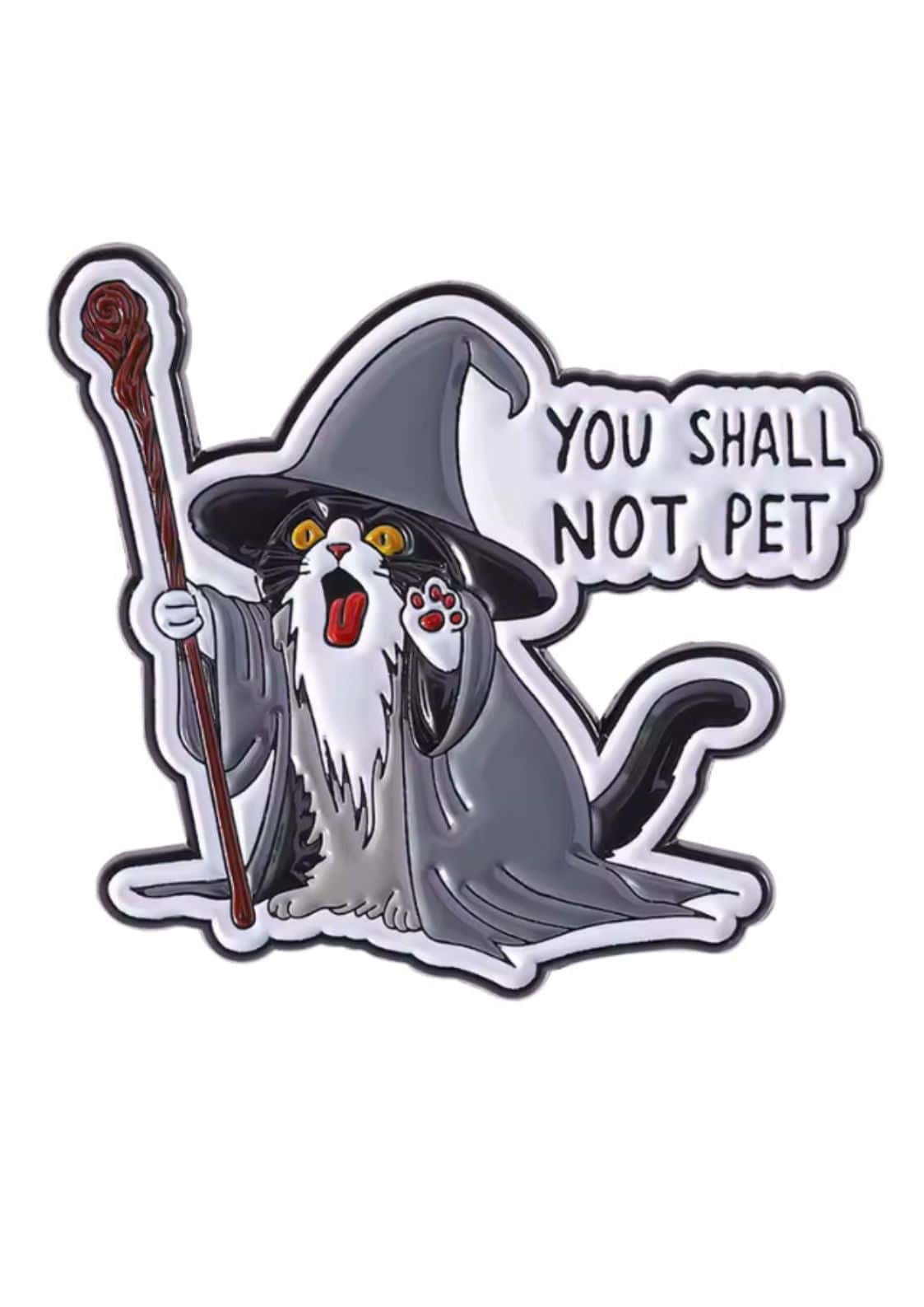 Gothic wizard cat pin badge in black with bat pentagram design for horror lovers you shall not pet pin