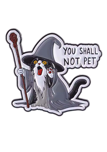 Gothic wizard cat pin badge in black with bat pentagram design for horror lovers you shall not pet pin